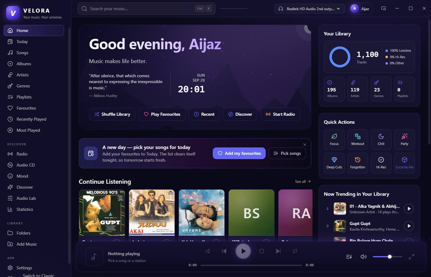 VELORA's home screen with recently added albums and listening statistics