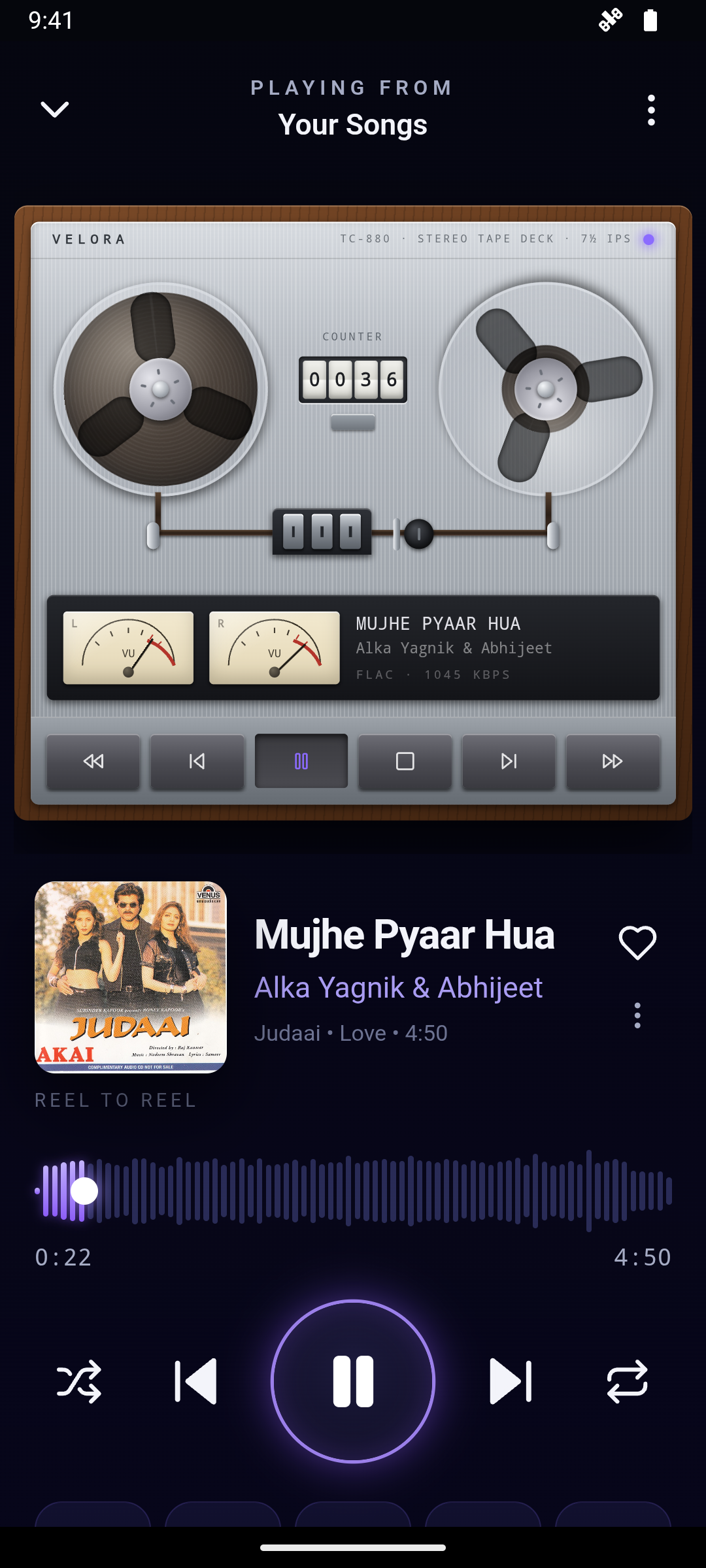 The reel-to-reel deck playing a song in VELORA Mobile