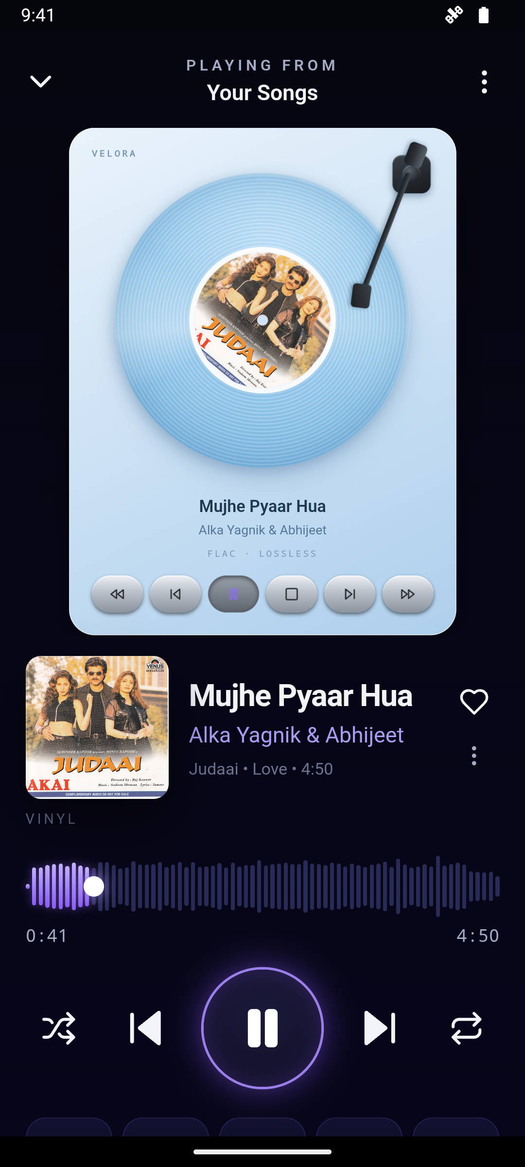 The vinyl turntable playing a song in VELORA Mobile
