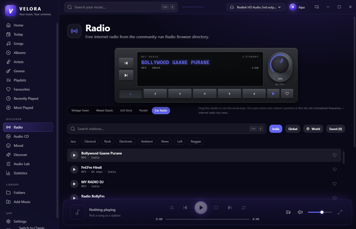 VELORA's radio page with a vintage tuner and station list
