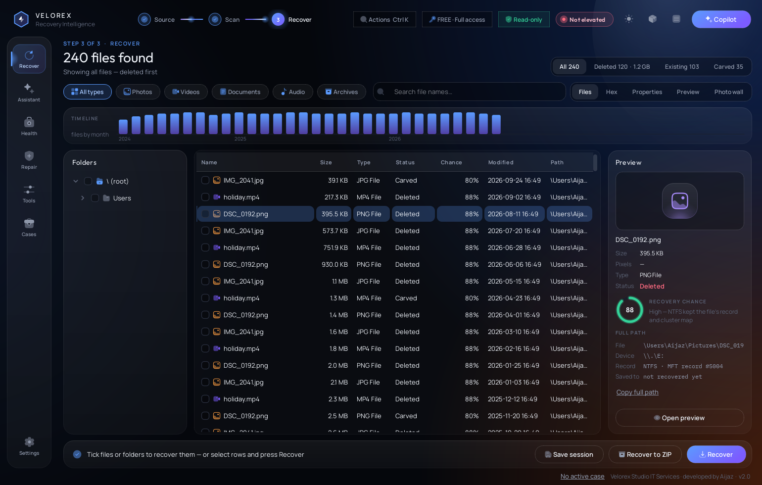 Velorex Recovery Intelligence — recover page with timeline, results, recovery chance and full paths