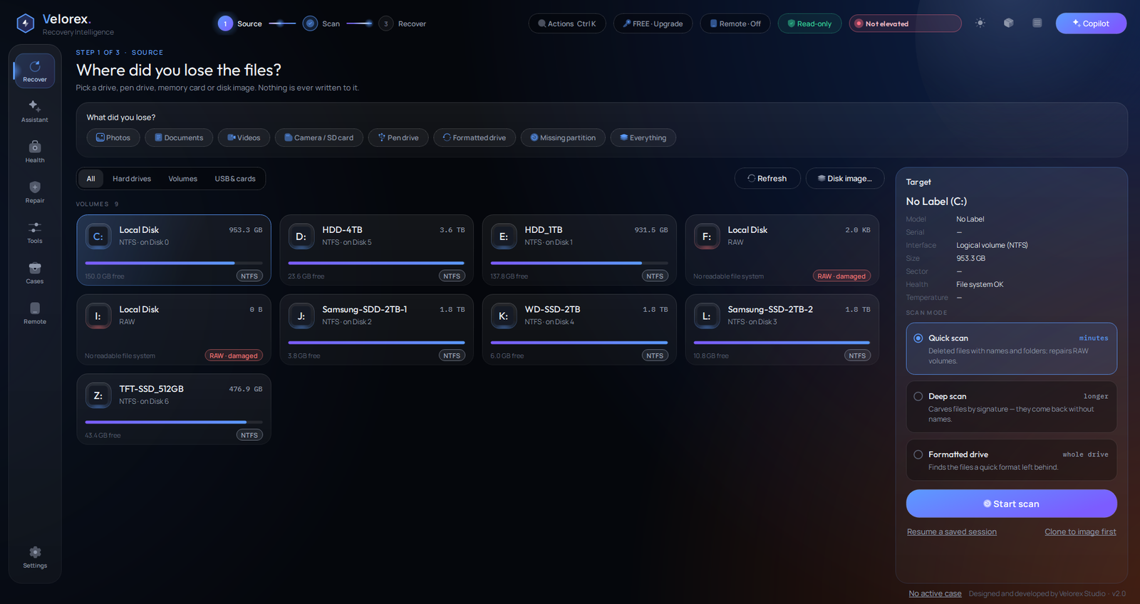 Velorex Recovery Intelligence, Source page: drives and volumes of the PC, the scan mode choice and the Start scan button